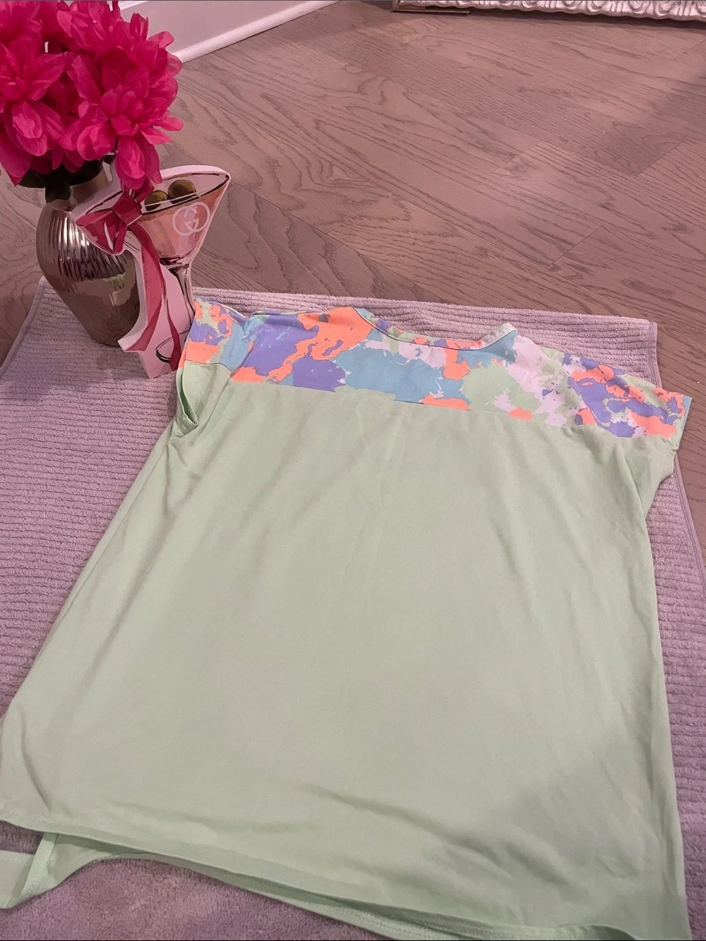 Champion Mint Green Tee with Multicolor Yoke & Royal Blue Shorts